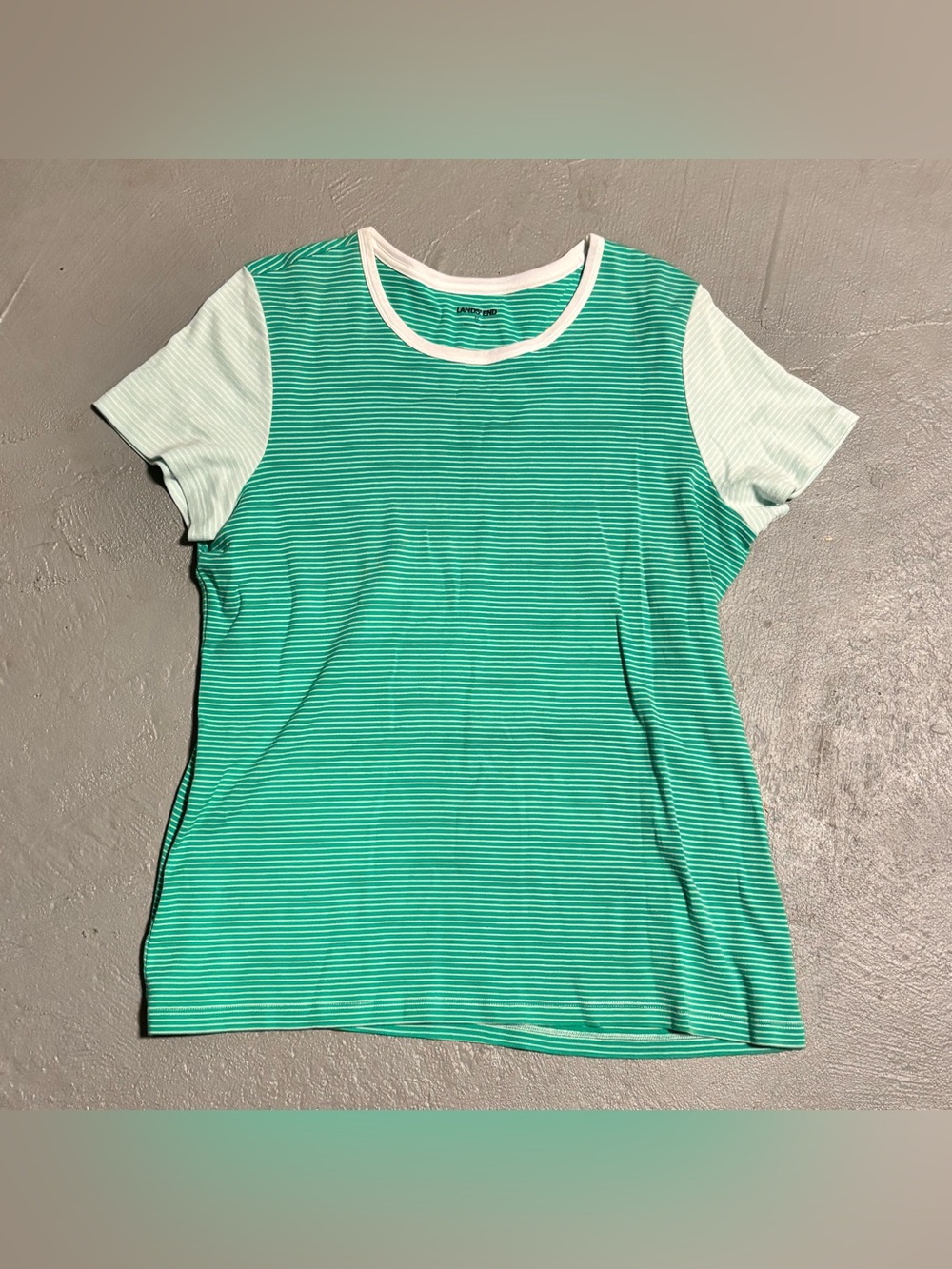 Lands End Womens Global Green Stripe Short Sleeve Ribbed Crew Tee Size XL